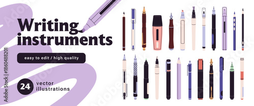 Set of different stationery. Writing instruments and drawing tools. Office and school supplies. Fountain and felt tip pens, pencils and brushes. Flat isolated vector illustrations on white background.