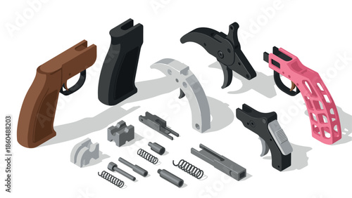 Isometric firearm parts disassembled in various colors on white background