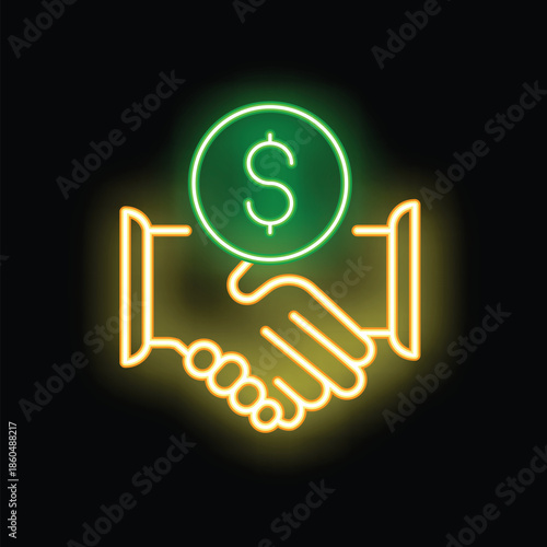 Neon style icon of a business deal being closed with two people shaking hands and a dollar sign above them