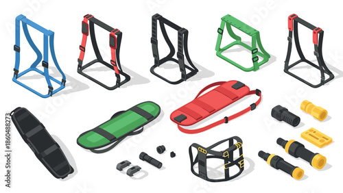 Isometric emergency first aid equipment set with various stretchers and belts in different colors