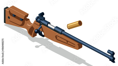 Isometric brown and black bolt action rifle with bullet casing on white background