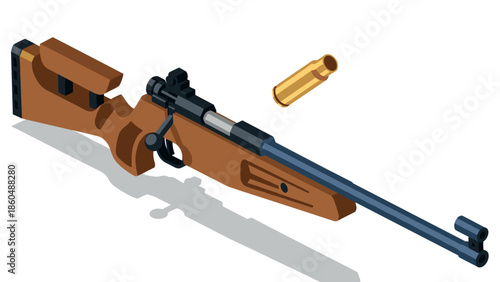 Isometric rifle with bullet cartridge on white background