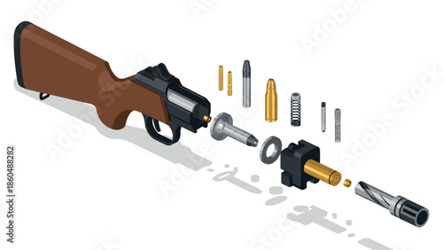 Isometric breakdown of rifle components exploded view with detailed parts