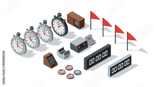 Isometric timer and racing equipment set with flags and control panel in flat design