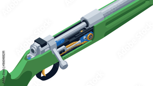Detailed isometric diagram of rifle bolt action mechanism in green