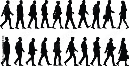 Silhouettes of People Walking in Two Rows Depicting Urban Diversity, Clothing Variation, and Motion Styles on White Background