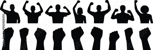 Silhouettes of People and Raised Fists Depicting Unity, Protest, and Empowerment in Social Movements on White Background