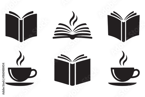 Reading concept book and coffee cup black silhouette
