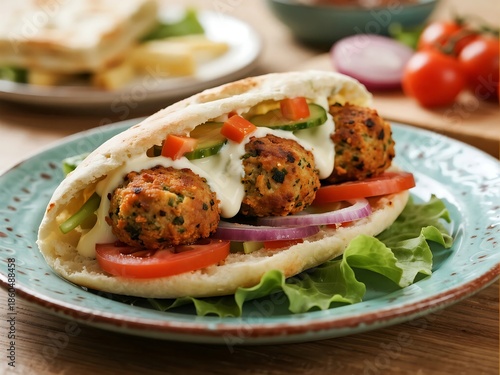 Arabic Cuisine Dishes. Falafel Deep-fried crushed chickpeas, served in a pita sandwich with vegetables and tahini sauce