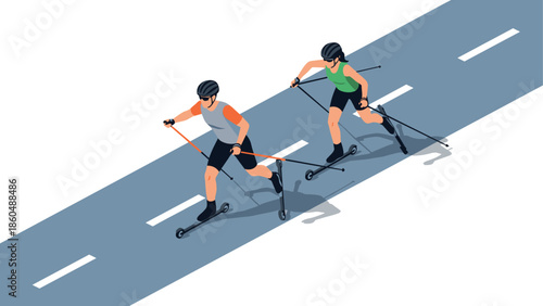 Roller skiing on open road: active fitness and outdoor adventure