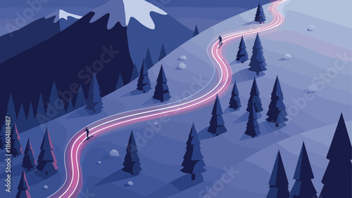 Nighttime mountain skiing adventure with glowing trails