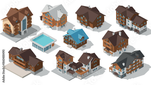 Alpine chalet collection with modern isometric architecture and unique roof designs