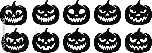 Silhouettes of Ten Jack-o'-Lanterns with Unique Carved Faces Depicting Halloween Expressions and Festive Variety on White Background