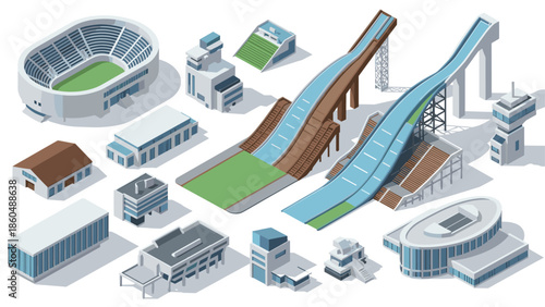 Isometric winter sports and stadium architecture collection with various structures