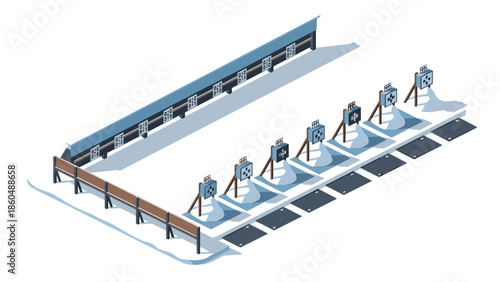 Isometric shooting range with targets on stands and protective walls