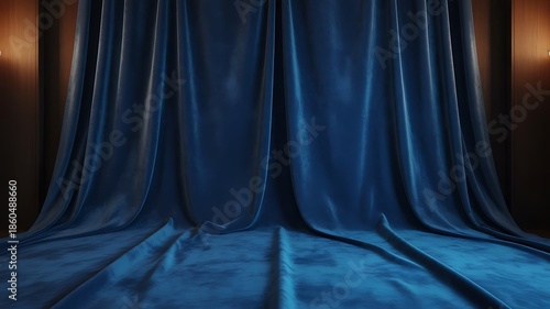Luxurious deep blue velvet stage curtains draped dramatically across a dark wooden theater backdrop with warm side lighting