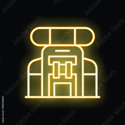Yellow glowing neon icon of a backpack for camping and hiking stores