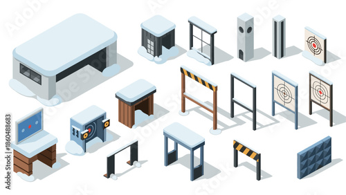 Winter shooting range equipment isometric design with snow-covered targets and barriers