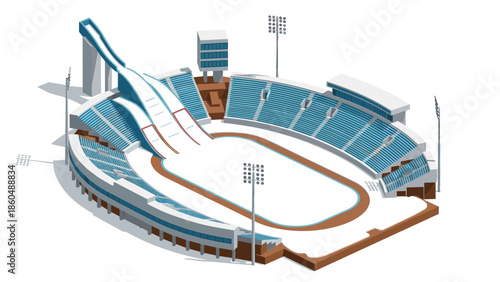 Modern winter sports arena with ski jump and ice rink in isometric style