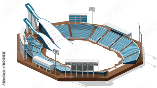 Isometric winter sports arena with ski jump and grandstands