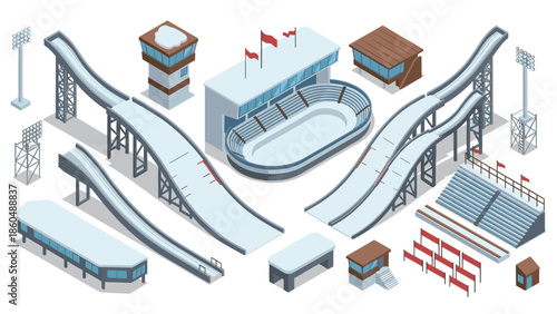 Winter sports arena with isometric ski jumps and snowy details