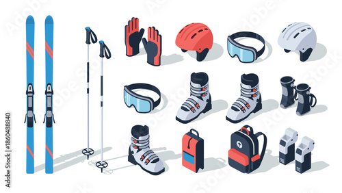 Isometric winter sports equipment set featuring ski gear and accessories