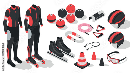 Comprehensive isometric roller skate gear setup with safety equipment
