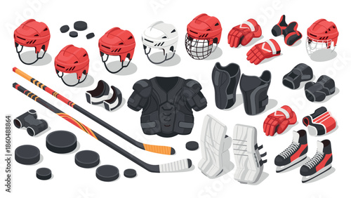 Isometric hockey equipment collection featuring helmets, sticks, and protective gear