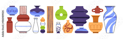 Set of different glass and pottery decorative vases for flowers. Empty ceramic pots with various shapes and sizes for bouquets. Interior decoration. Flat isolated vector illustrations on white.