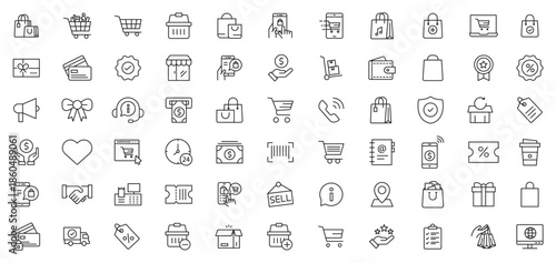 Set of 55 outline icons related to shopping. Related basket, shopping cart, discount, online shopping, sale, client, delivery, wallet, shop, thin vector icon set