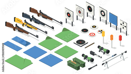 Isometric shooting range equipment set including targets, rifles, and mats