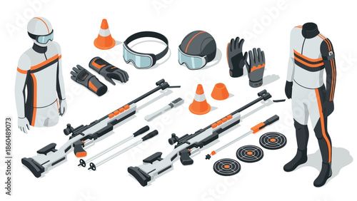 Isometric winter sports equipment with safety gear and protective clothing