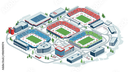 Isometric soccer stadium complex with multiple arenas and parking facilities