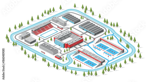 Isometric winter sports complex with ice rinks and snowy pine trees