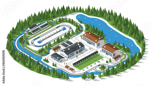 Modern isometric winter sports resort with ski tracks and lodge amidst forested area