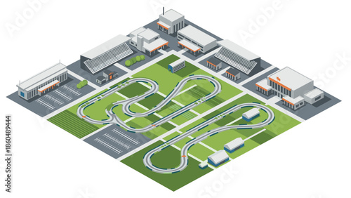 Isometric urban race track with buildings and road layout