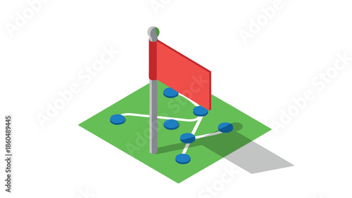 Red flag and neural network on green platform in isometric design