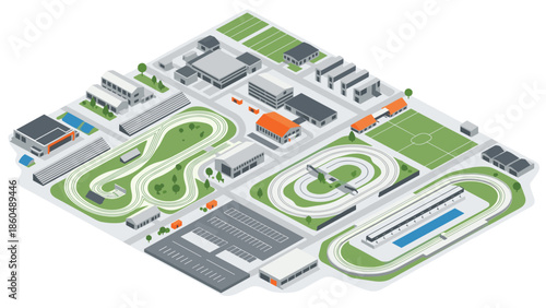 Busy urban sports complex with racing tracks and soccer field in isometric style