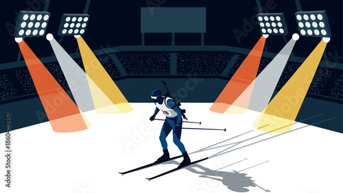 Winter sports night event with cross-country skier under stadium lights