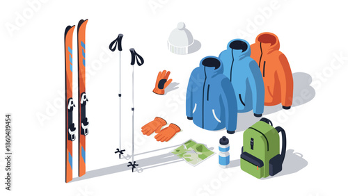 Winter sports gear collection with jackets, skis, and accessories in isometric style