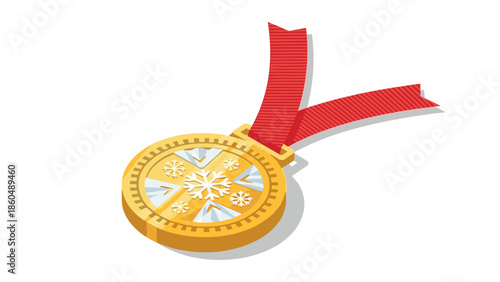 Gold medal with snowflake design and red ribbon in isometric style