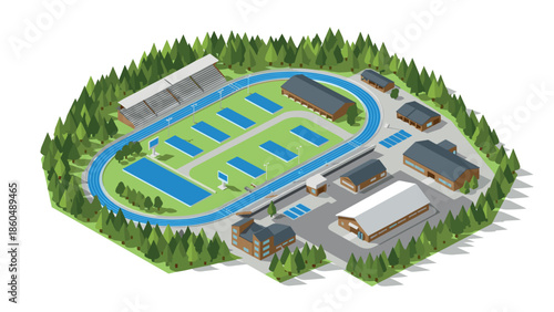 Isometric sports complex with track, field, and buildings in forested area