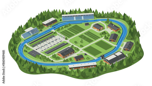 Isometric view of modern sports complex surrounded by forest