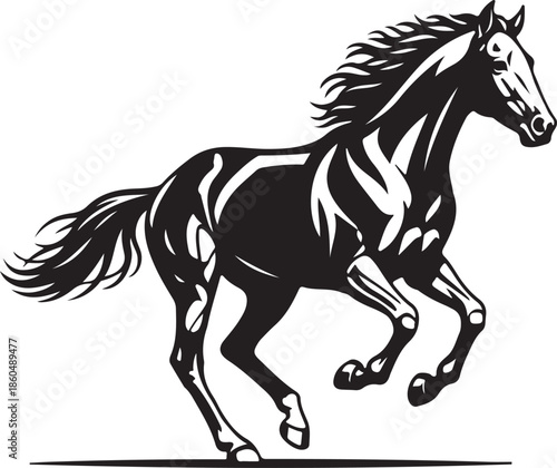 Running stallion horse silhouette vector illustration in black and white
