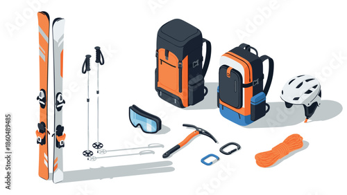 Winter adventure gear set featuring skis, backpacks, and climbing equipment in isometric style
