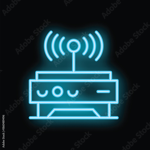 Blue neon router icon glowing on a black background, perfect for technology and connectivity concepts