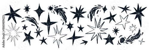 Doodle set of shooting stars and meteorites. Black and white chalk scribbles of sparks in the scape. Kids' sketches of cosmos in grunge style. Hand drawn vector illustrations on white background.