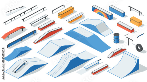 Isometric skatepark elements: ramps, rails, and obstacles in modern design