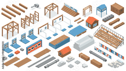 Isometric archery range elements with equipment and structures in modular design
