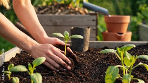 4K Hands Planting Seedling in Raised Garden Bed Organic Farming